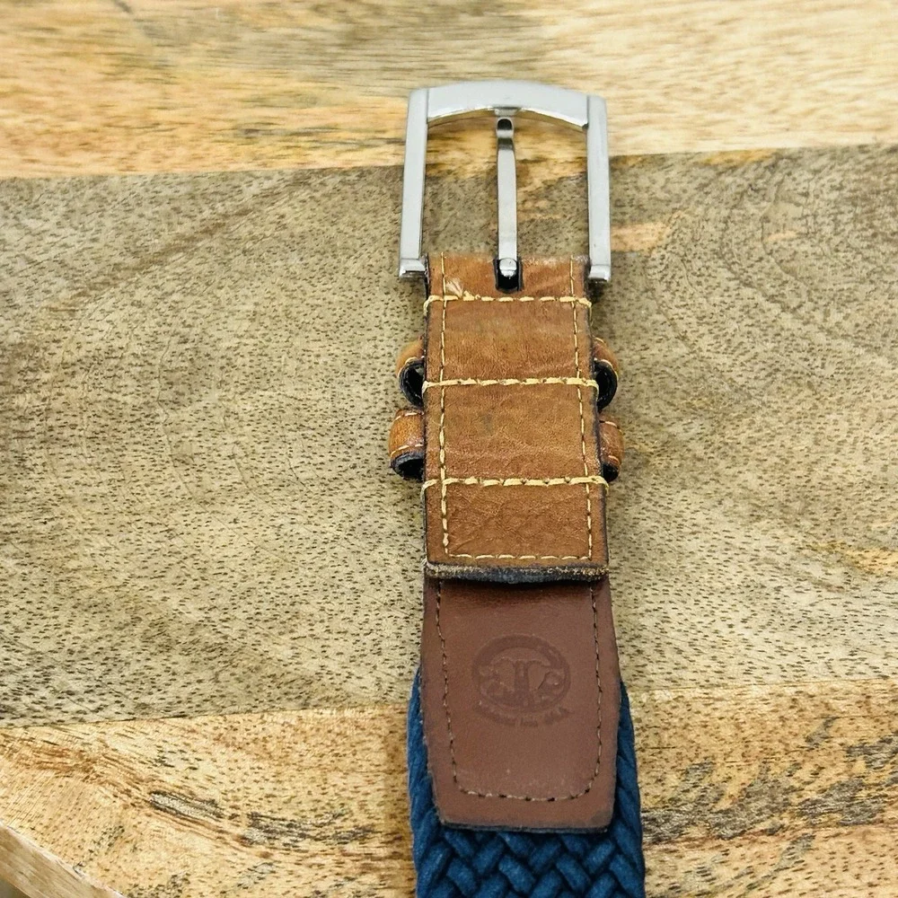 Torino Blue Braided Stretch Elastic Leather Belt Mens 34 Fits 32-36